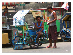 a pedicab driver and his customer in front of the Tondo Church