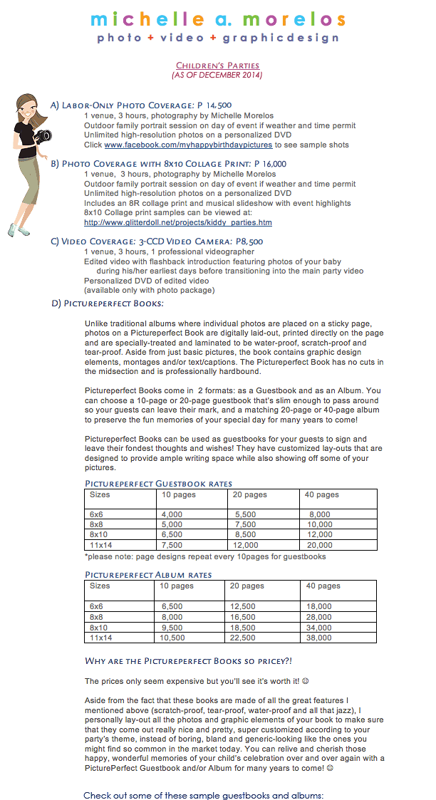 Kiddy Party Pricelist